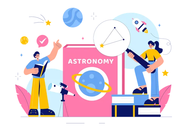 Científico leyendo un libro de astronomía  Ilustración