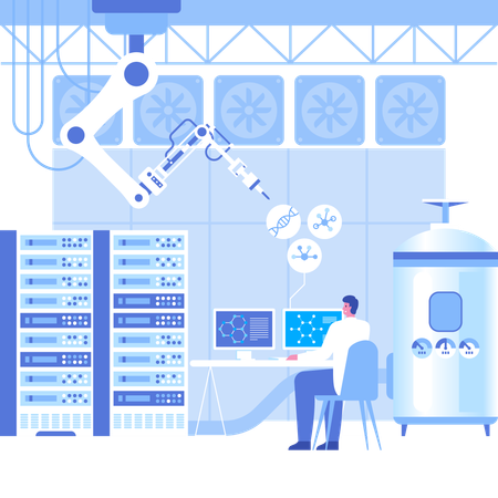 Científico masculino investigando en un laboratorio científico automatizado  Ilustración