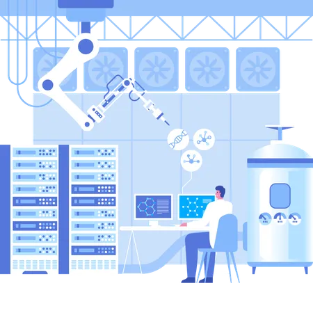 Científico masculino investigando en un laboratorio científico automatizado  Ilustración