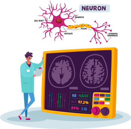 Mirada masculina científica sobre el cerebro humano con esquema de neuronas en laboratorio  Ilustración