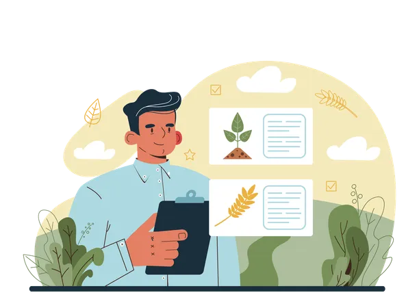 Científico masculino realizando investigaciones en agricultura  Ilustración