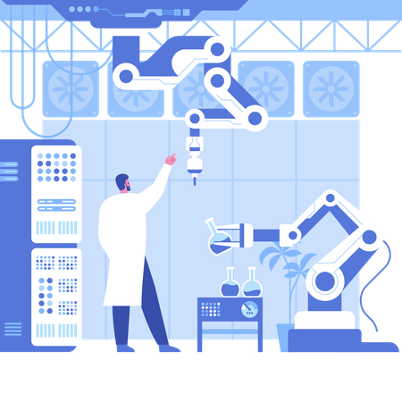 Científico masculino trabajando en productos químicos en un laboratorio científico automatizado  Ilustración