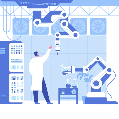 Científico masculino trabajando en productos químicos en un laboratorio científico automatizado  Ilustración