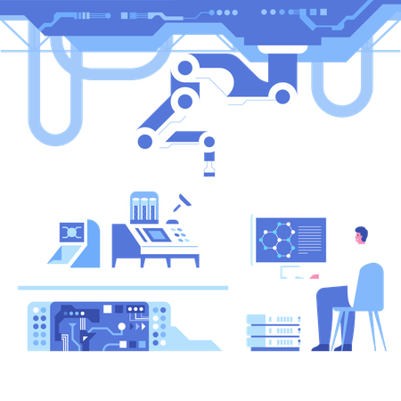 Científico masculino trabajando en la computadora en un laboratorio científico automatizado  Ilustración