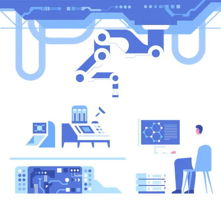 Científico masculino trabajando en la computadora en un laboratorio científico automatizado  Ilustración