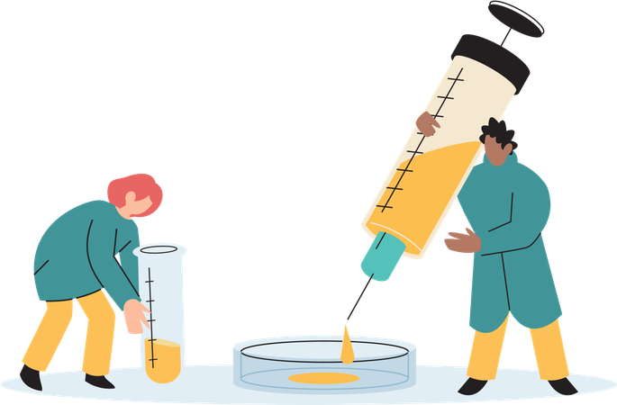 Científico médico investigador crea infusión de vacunas para inyecciones  Ilustración
