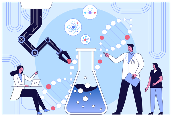 Científico creando fórmula química  Ilustración