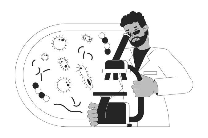 Científico que estudia la bacteria a través del microscopio  Illustration