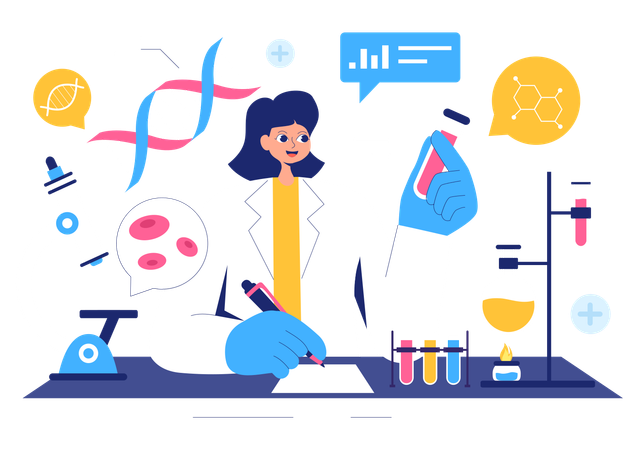 Científico investigando sobre productos químicos  Ilustración