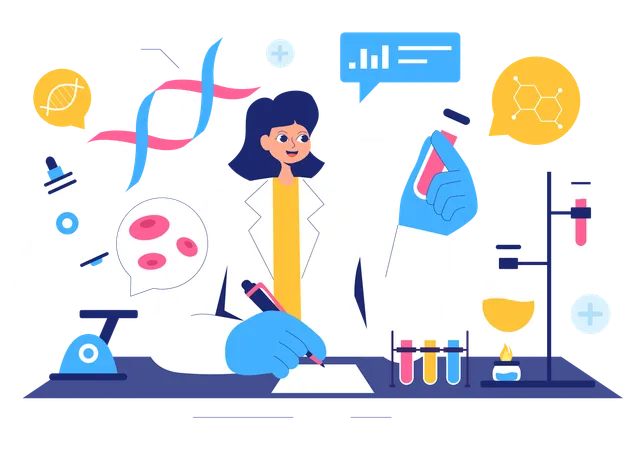 Científico investigando sobre productos químicos  Ilustración