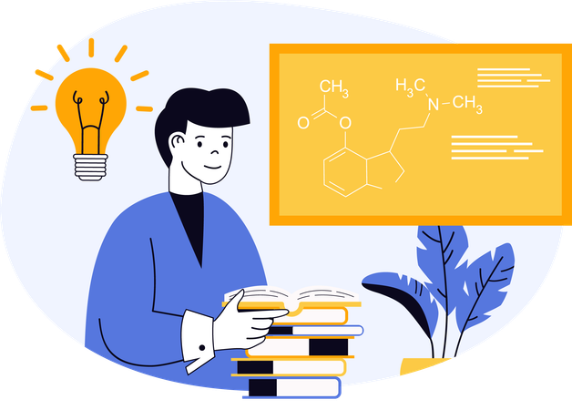 Científico realizando investigación sobre la estructura química.  Ilustración