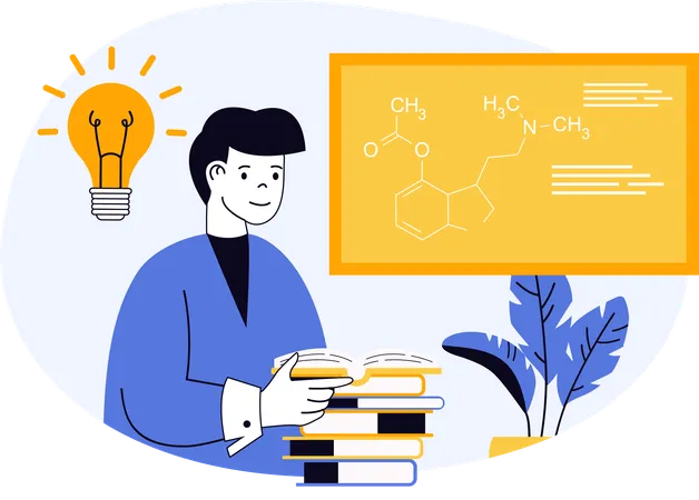 Científico realizando investigación sobre la estructura química.  Ilustración