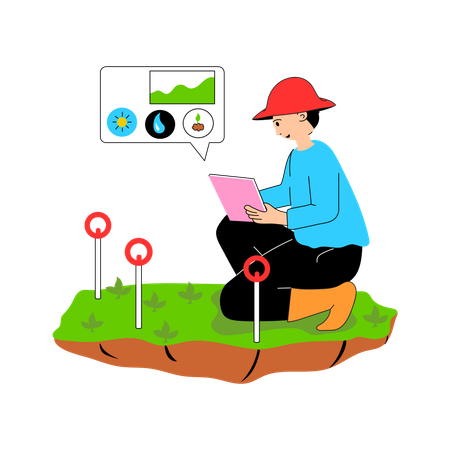 Científico que utiliza tecnología para medir el crecimiento de las plantas  Ilustración