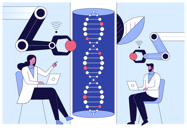 Científico utiliza tecnología robótica como ayuda en la investigación del ADN  Ilustración