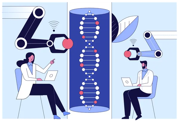 Científico utiliza tecnología robótica como ayuda en la investigación del ADN  Ilustración