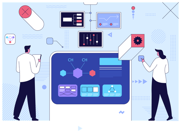 Científico utiliza un panel inteligente para crear una fórmula química  Ilustración