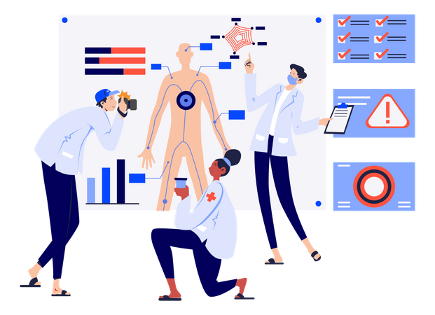 Científico haciendo investigaciones genéticas sobre el cuerpo humano.  Ilustración