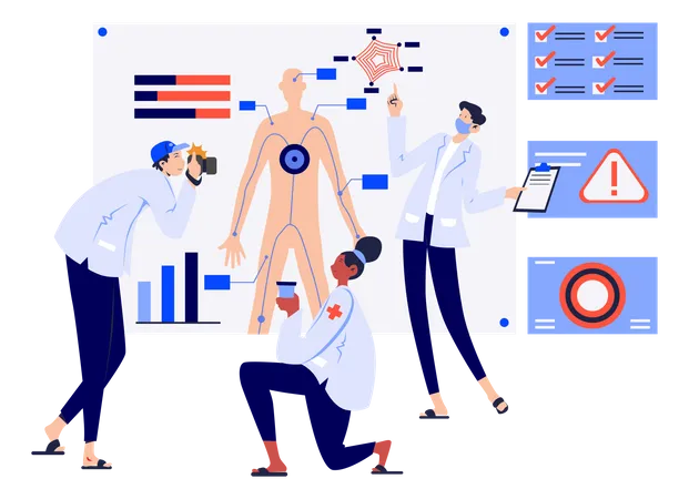 Científico haciendo investigaciones genéticas sobre el cuerpo humano.  Ilustración