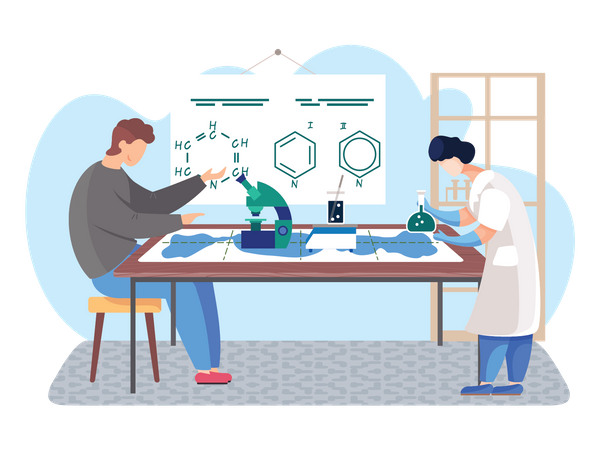 Científico haciendo investigación química  Ilustración