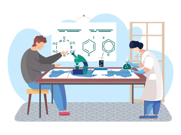 Científico haciendo investigación química  Ilustración