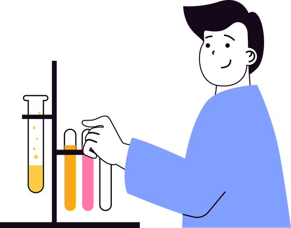 Científico realizando un experimento de laboratorio con productos químicos  Ilustración