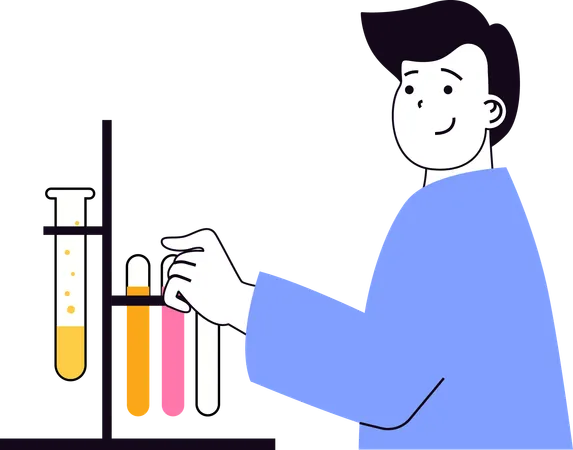 Científico realizando un experimento de laboratorio con productos químicos  Ilustración