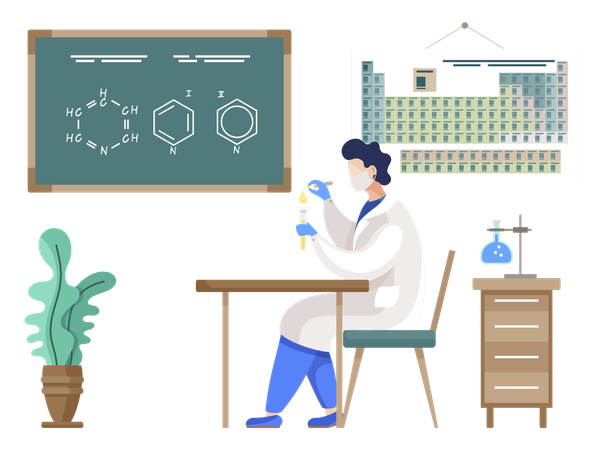 Científico realizando investigaciones en laboratorio  Ilustración