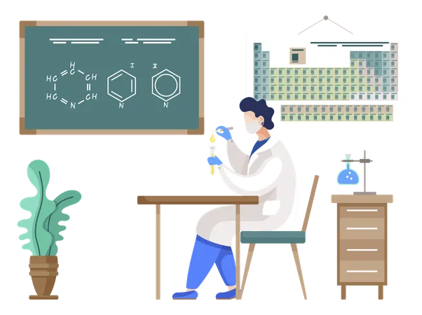 Científico realizando investigaciones en laboratorio  Ilustración