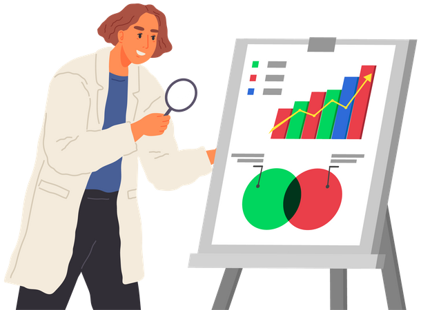 El científico trabaja con análisis de datos.  Ilustración