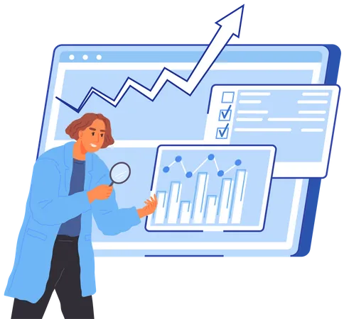 El científico trabaja con análisis de datos e investigación de estadísticas.  Ilustración