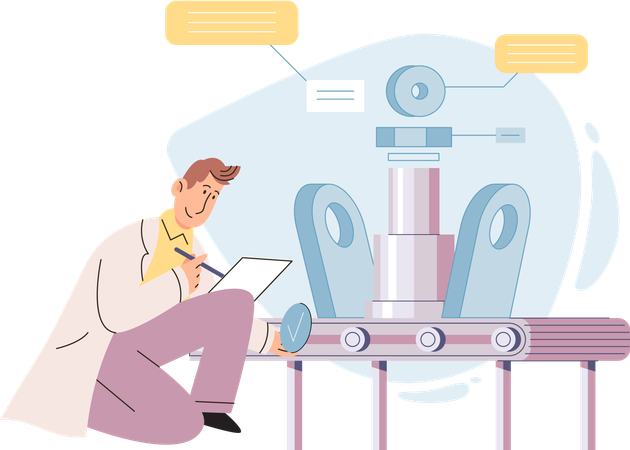 Científico trabaja con transportador industrial  Ilustración