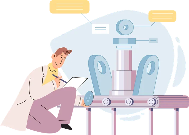 Científico trabaja con transportador industrial  Ilustración