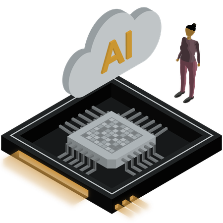 Un científico trabaja en un chip de inteligencia artificial en la nube  Ilustración