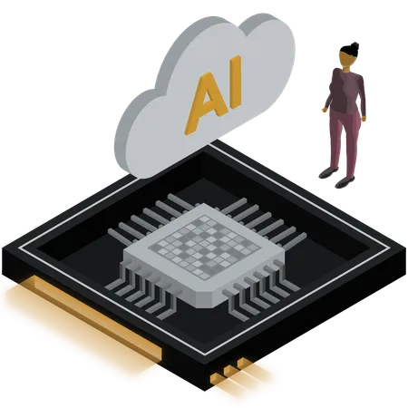 Un científico trabaja en un chip de inteligencia artificial en la nube  Ilustración