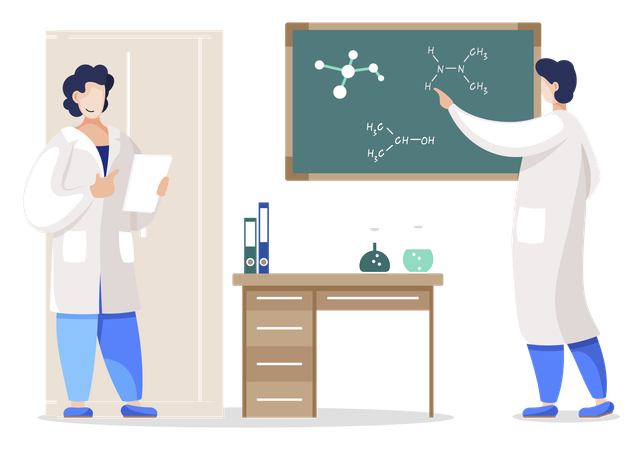 Científico trabajando en laboratorio mientras escribe una fórmula molecular en el tablero  Ilustración