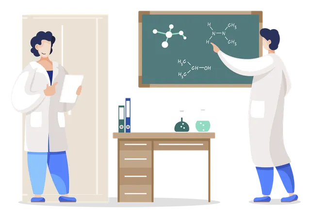 Científico trabajando en laboratorio mientras escribe una fórmula molecular en el tablero  Ilustración