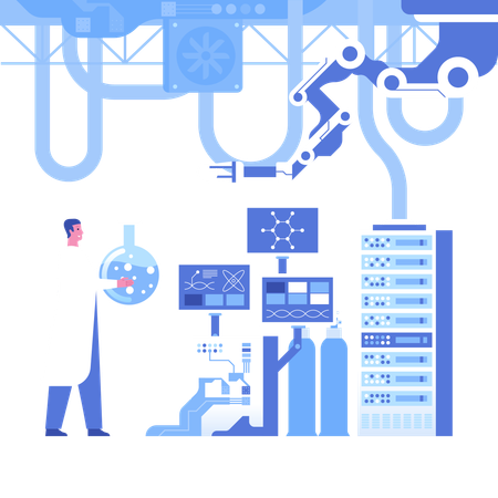 Científicos analizan datos de investigación en laboratorio científico automatizado  Ilustración