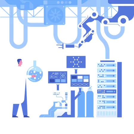 Científicos analizan datos de investigación en laboratorio científico automatizado  Ilustración