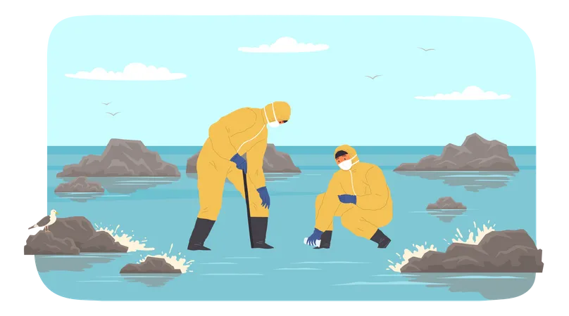Científicos con trajes protectores recogen muestras de agua  Ilustración