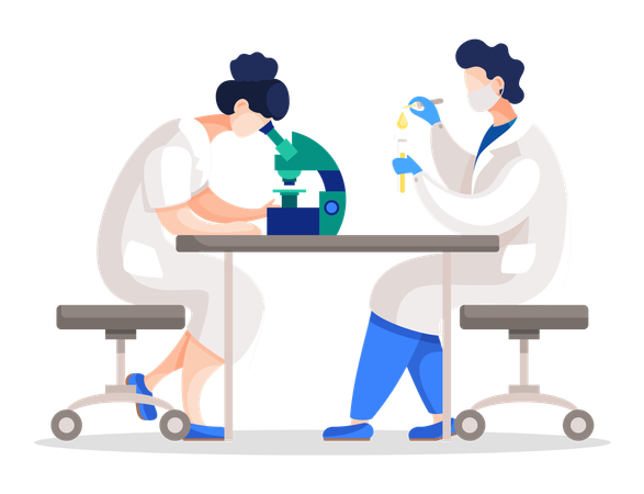 Científicos de laboratorio trabajan en el análisis de sustancias celulares.  Ilustración