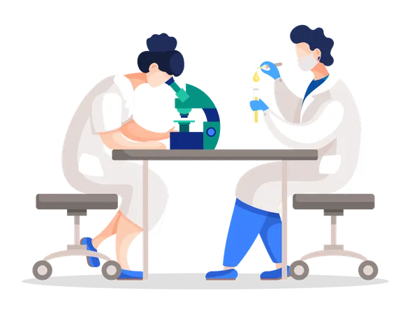Científicos de laboratorio trabajan en el análisis de sustancias celulares.  Ilustración