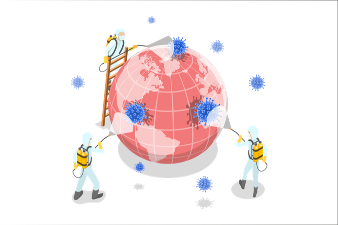 Científicos desinfectando el coronavirus  Ilustración