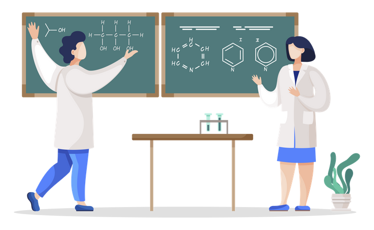 Científicos escribiendo los resultados del experimento en la pizarra  Ilustración