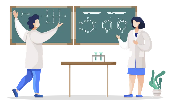 Científicos escribiendo los resultados del experimento en la pizarra  Ilustración