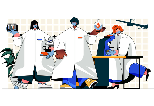 Científicos investigando en el laboratorio.  Ilustración