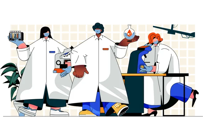 Científicos investigando en el laboratorio.  Ilustración