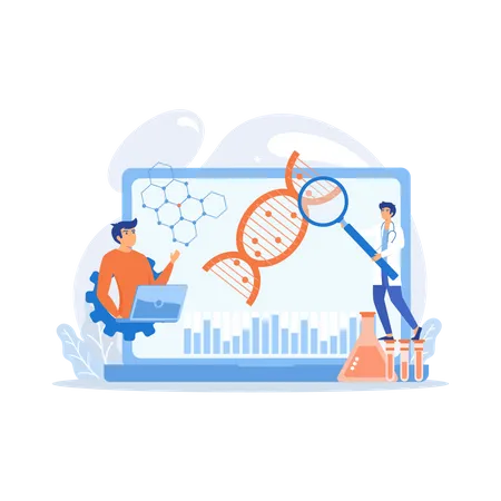 Científicos analizan ADN y gráficos con lupa en una computadora portátil  Ilustración