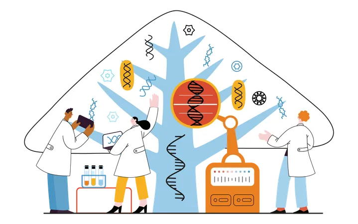 Científicos observan el árbol cuyas hojas representan varios tipos de ADN  Ilustración