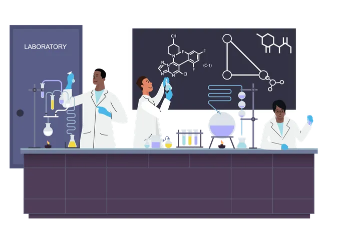 Científicos haciendo experimentos químicos en laboratorio.  Ilustración