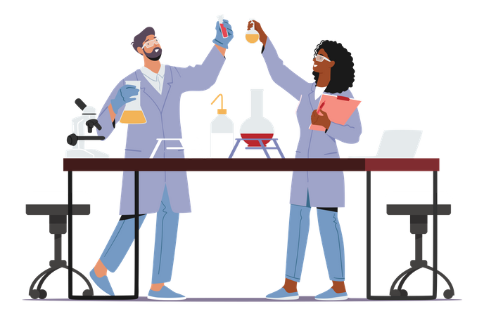 Científicos que realizan experimentos e investigaciones científicas en laboratorio.  Ilustración